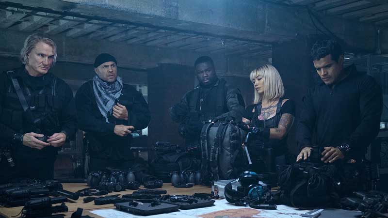 Dolph Lundgren, Jacob Scipio, 50 Cent, Randy Couture, og Levy Tran i Expendables 4 (2023). Foto: Lionsgate